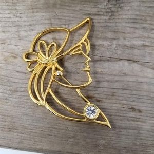 Awesome Gold Tone Woman's Profile Pin Rhinestone